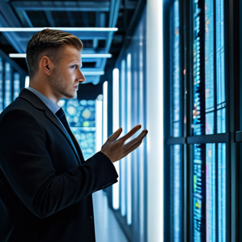 Home 4 A professional data analyst, fully clothed in a modest business blazer, with a focused and insightful expression, standing in a sleek, modern data center. Large transparent screens display complex yet abstract data visualizations, and subtle glowing lines connect disparate data points, symbolizing hidden patterns revealed by human intuition. The scene emphasizes sophisticated technology and deep human understanding working in synergy. Perfect anatomy, correct proportions, natural pose, well-formed hands, proper finger count. High-quality professional photography, detailed, safe for work, appropriate content, family-friendly.