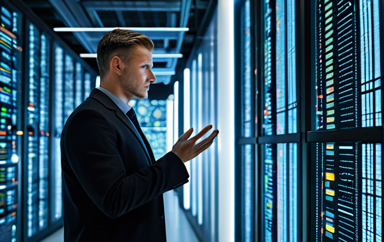 A professional data analyst, fully clothed in a modest business blazer, with a focused and insightful expression, standing in a sleek, modern data center. Large transparent screens display complex yet abstract data visualizations, and subtle glowing lines connect disparate data points, symbolizing hidden patterns revealed by human intuition. The scene emphasizes sophisticated technology and deep human understanding working in synergy. Perfect anatomy, correct proportions, natural pose, well-formed hands, proper finger count. High-quality professional photography, detailed, safe for work, appropriate content, family-friendly.
